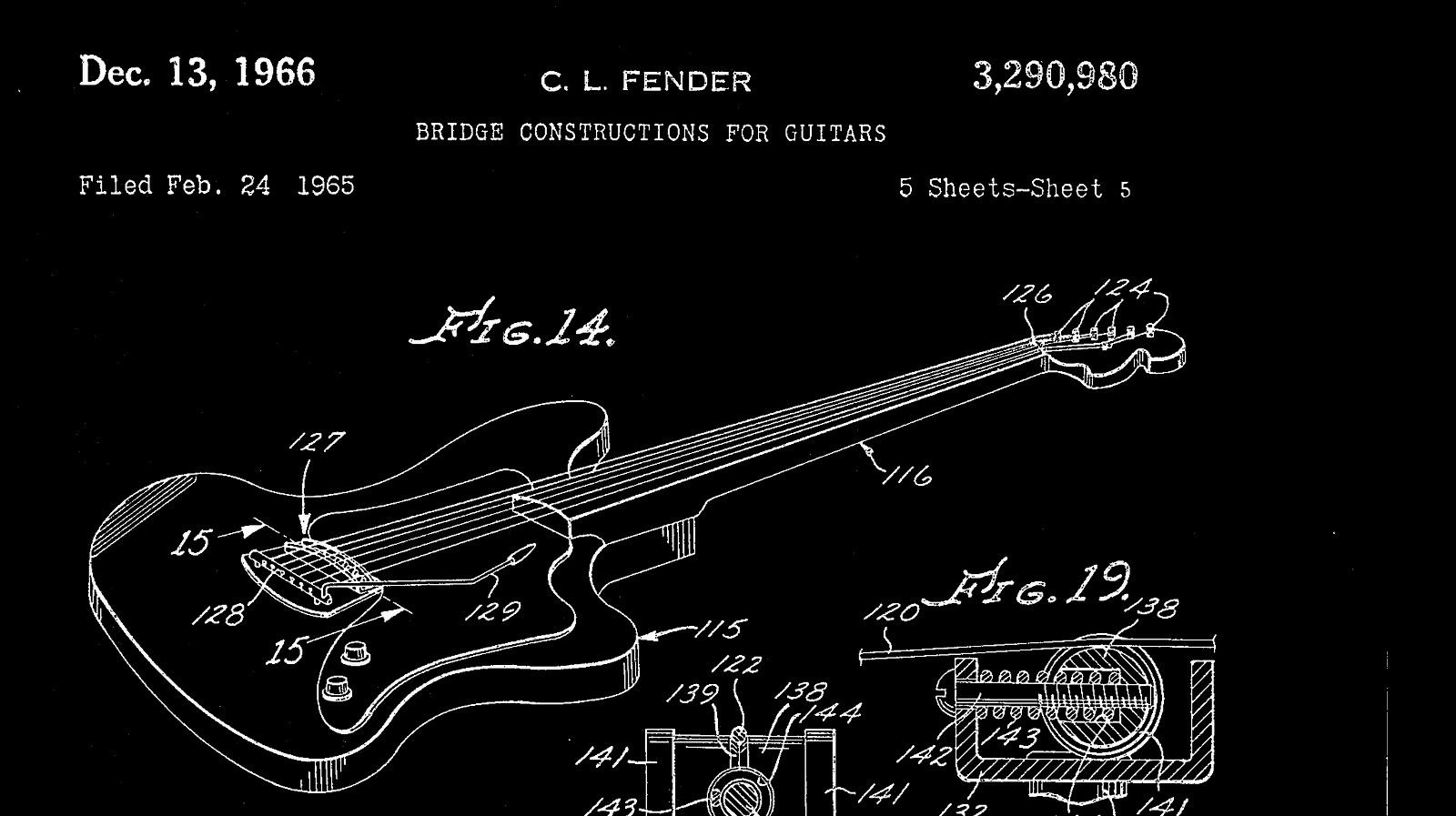 Fender 1965 bridge patent drawing showing an offset body