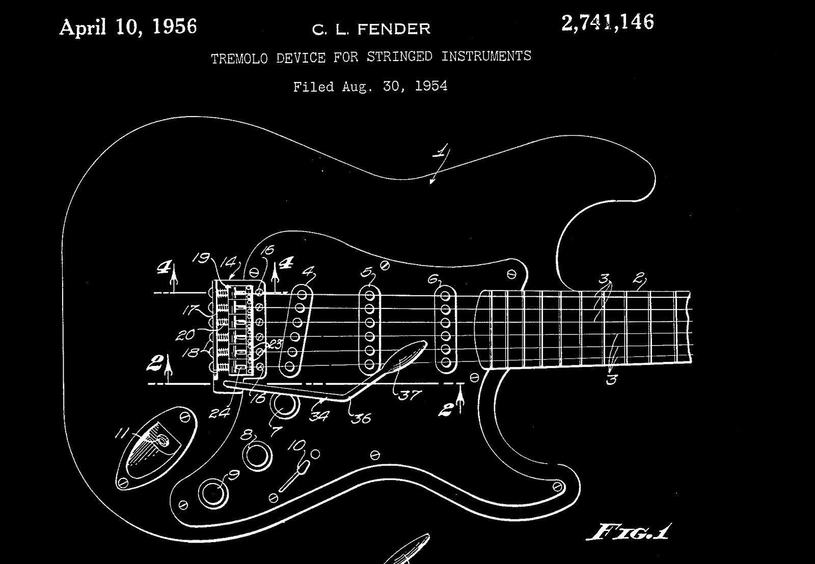 Clarence L. Fender's 1954 patent drawing showing the Stratocaster body outline