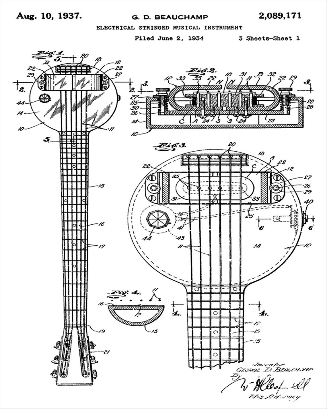 Beauchamp Frying Pan patent drawing, 1937, G.D. Beauchamp electrical stringed musical instrument patent 2,089,171