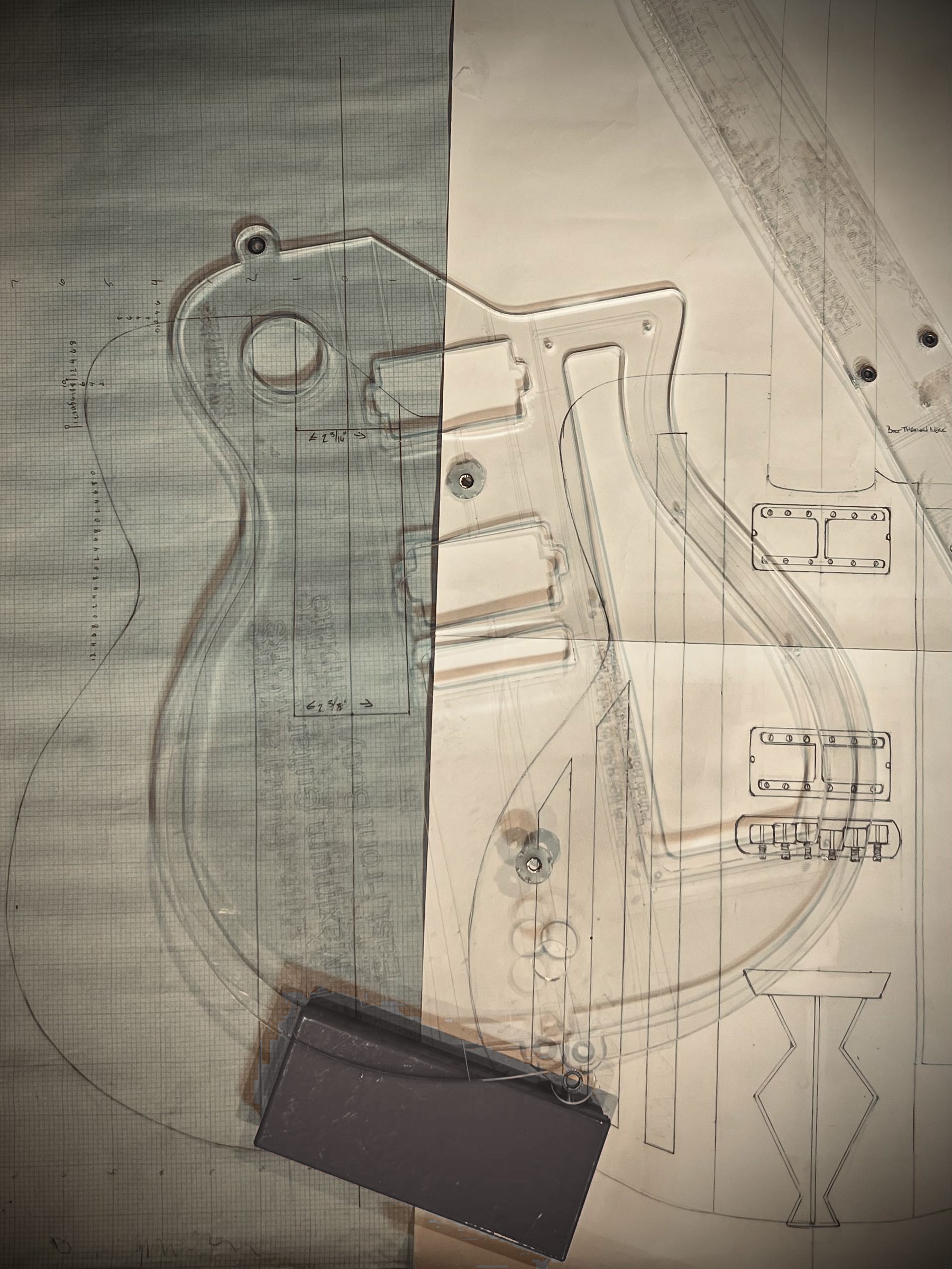 Original full-scale Artifact drawing with body and neck templates laid over it