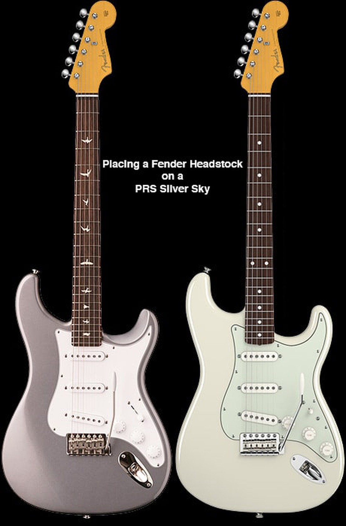 A PRS Silver Sky shown with a Fender headstock, beside a Fender Stratocaster