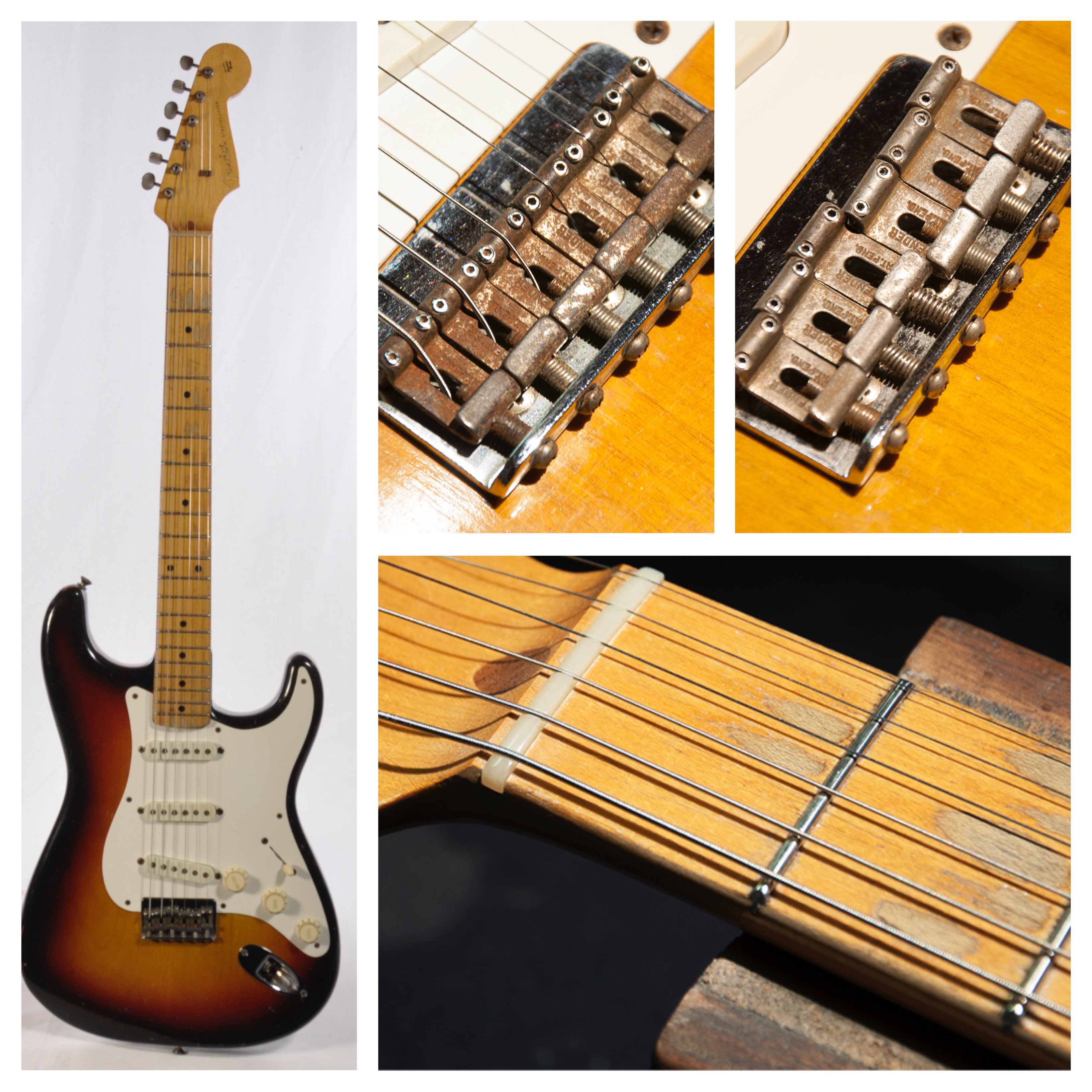 1958 Fender Stratocaster restoration, full instrument, bridge detail, and fretboard work