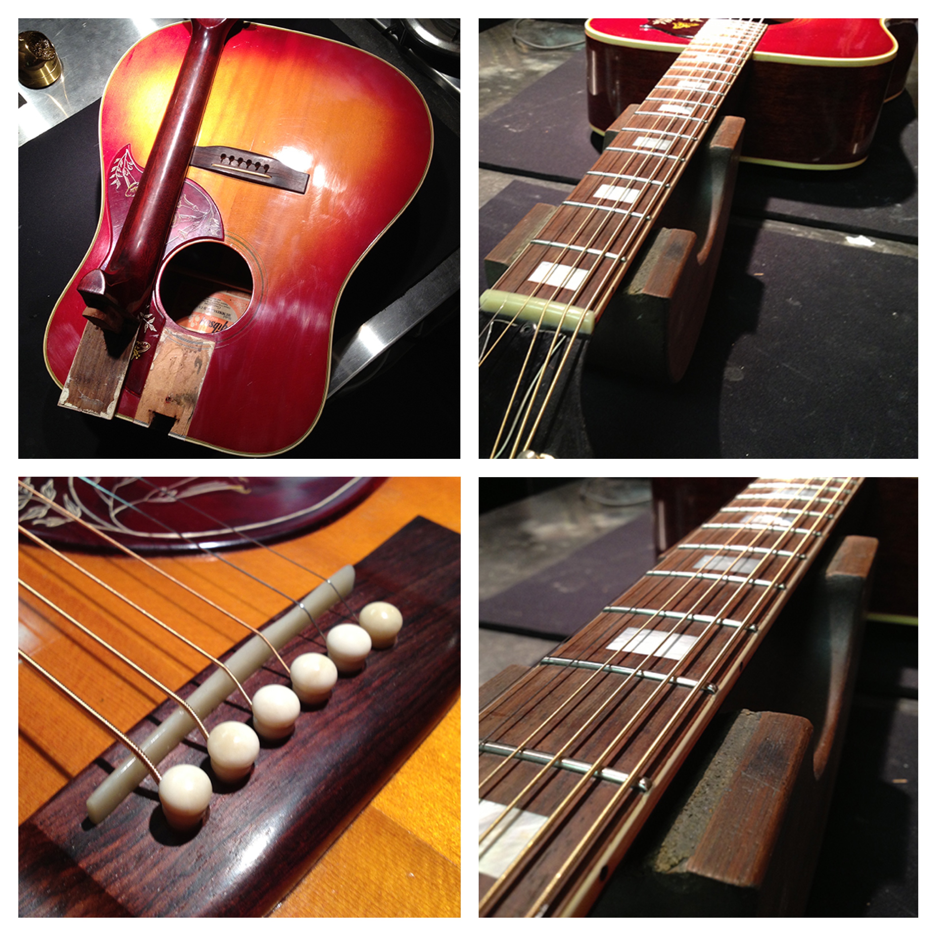 1960s Gibson Hummingbird restoration, neck removal, bridge, nut, and fretwork
