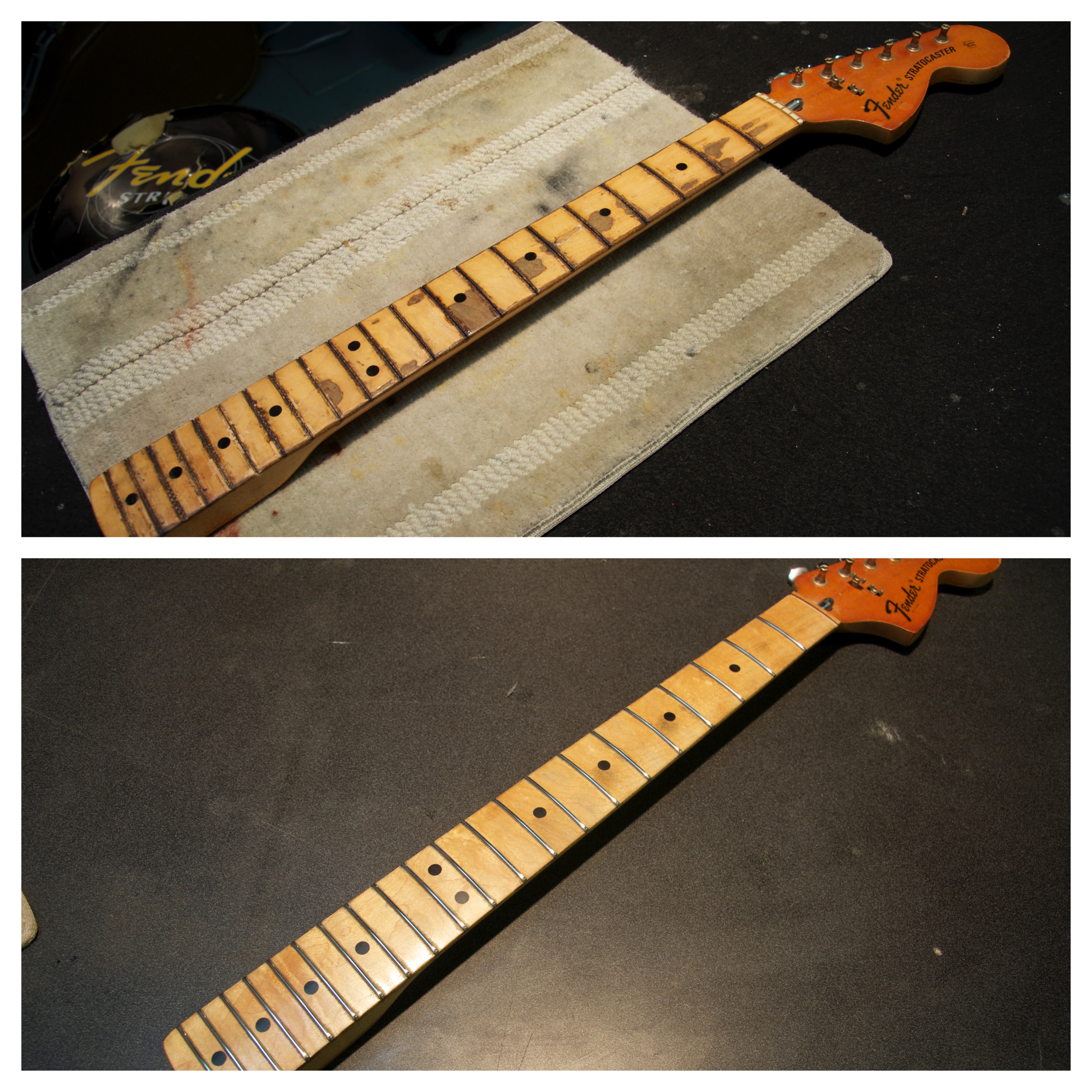 1974 Fender Stratocaster, before and after refret