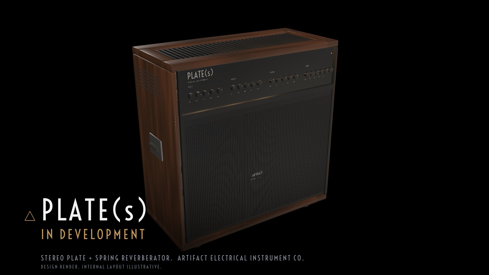 PLATE(s), a walnut and black aluminum stereo plate and spring reverberator by Artifact Electrical Instrument Co. In development.